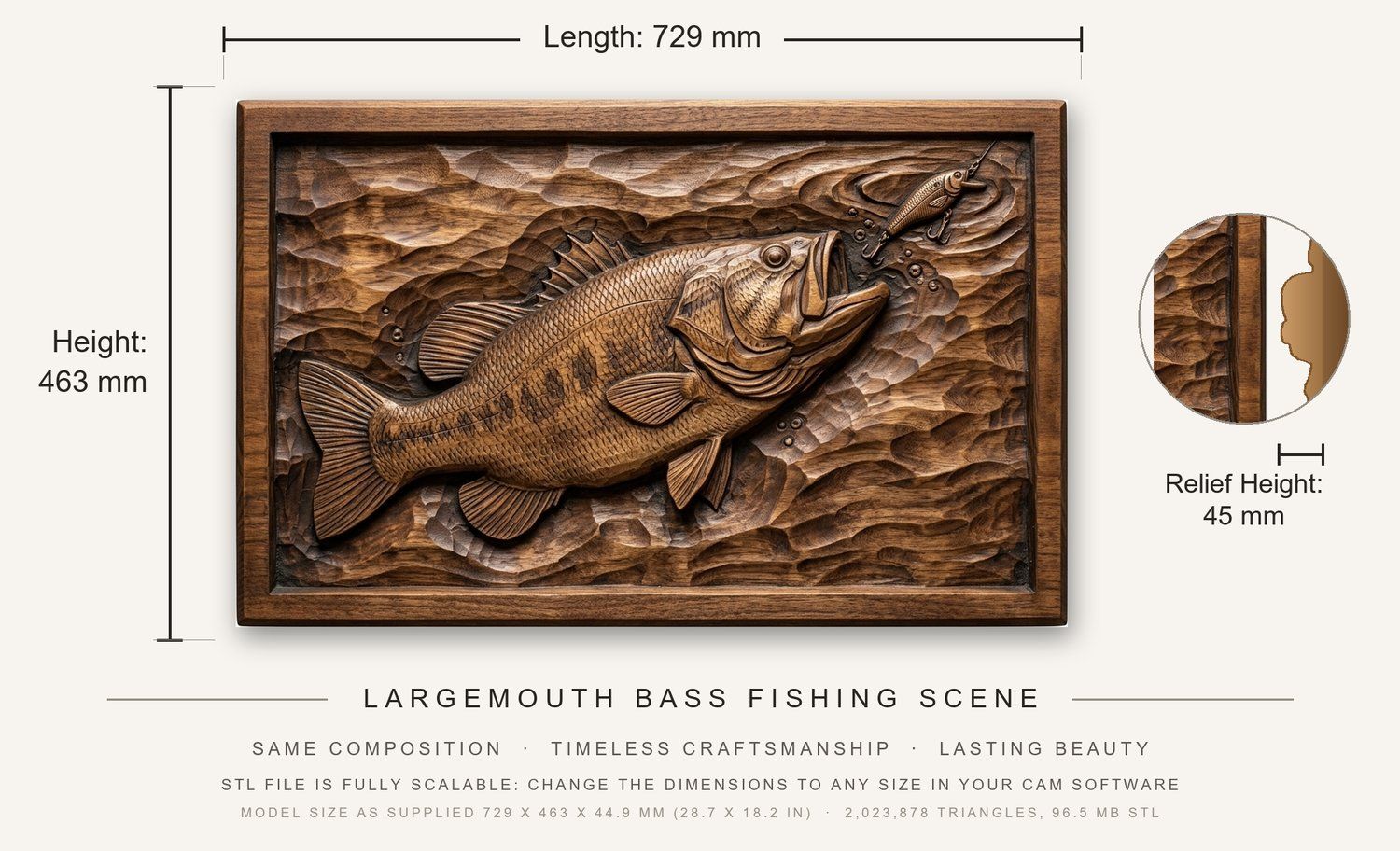 Largemouth Bass Fishing Scene CNC Relief STL bas-relief STL — view 3