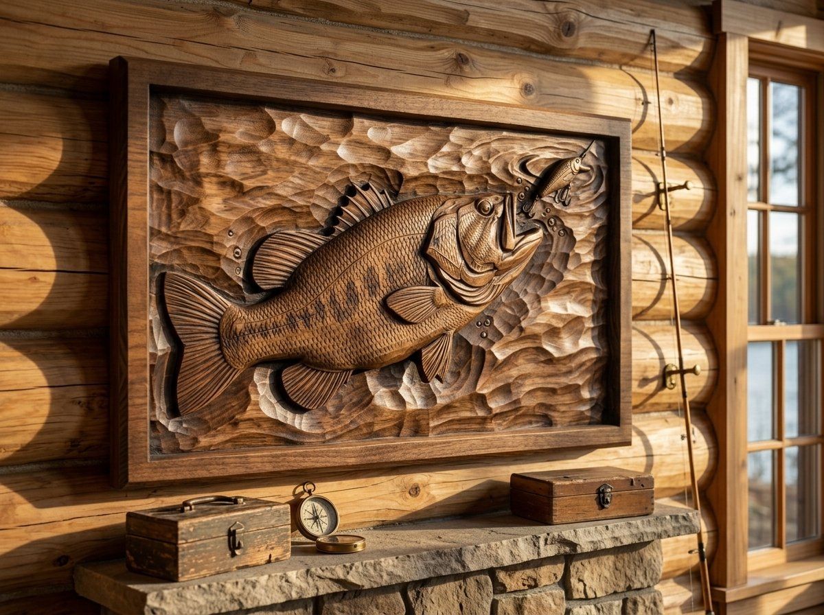 Largemouth Bass Fishing Scene CNC Relief STL bas-relief STL — view 12