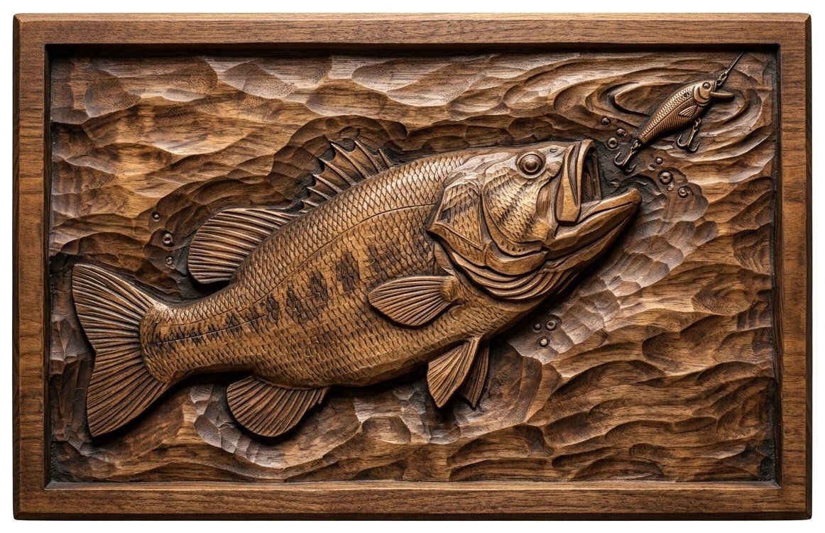 Largemouth Bass Fishing Scene CNC Relief STL bas-relief STL — view 14