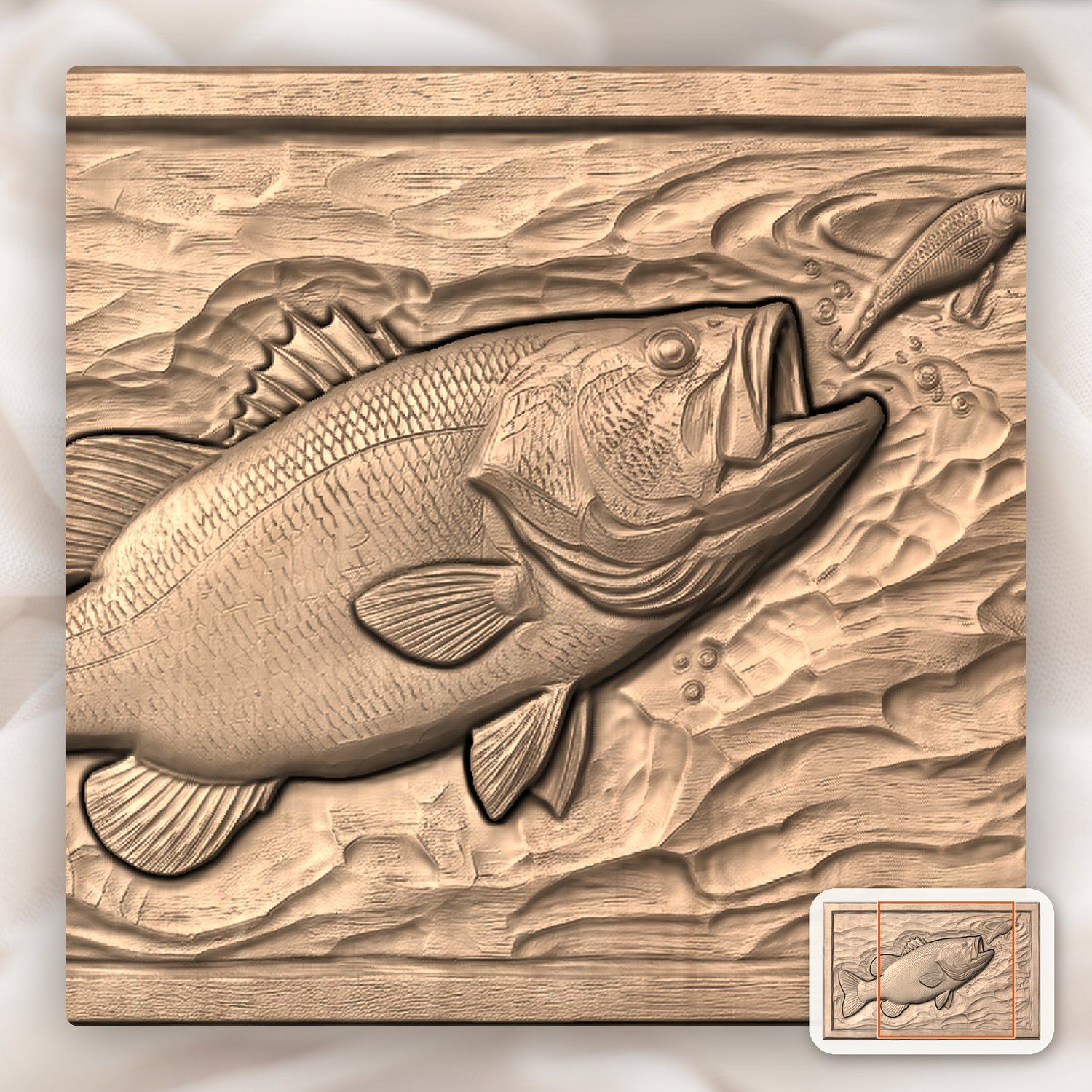Largemouth Bass Fishing Scene CNC Relief STL bas-relief STL — view 6