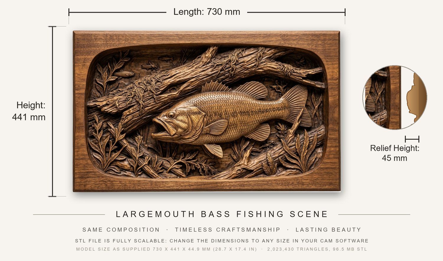 Largemouth Bass Fishing Scene CNC Relief STL bas-relief STL — view 3