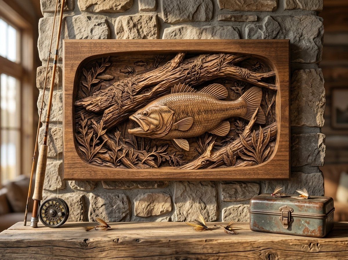 Largemouth Bass Fishing Scene CNC Relief STL bas-relief STL — view 13