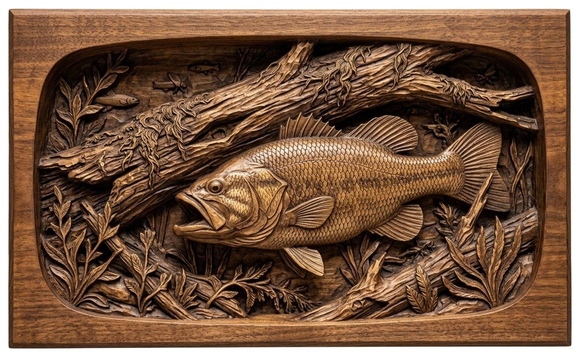 Largemouth Bass Fishing Scene CNC Relief STL bas-relief STL — view 12