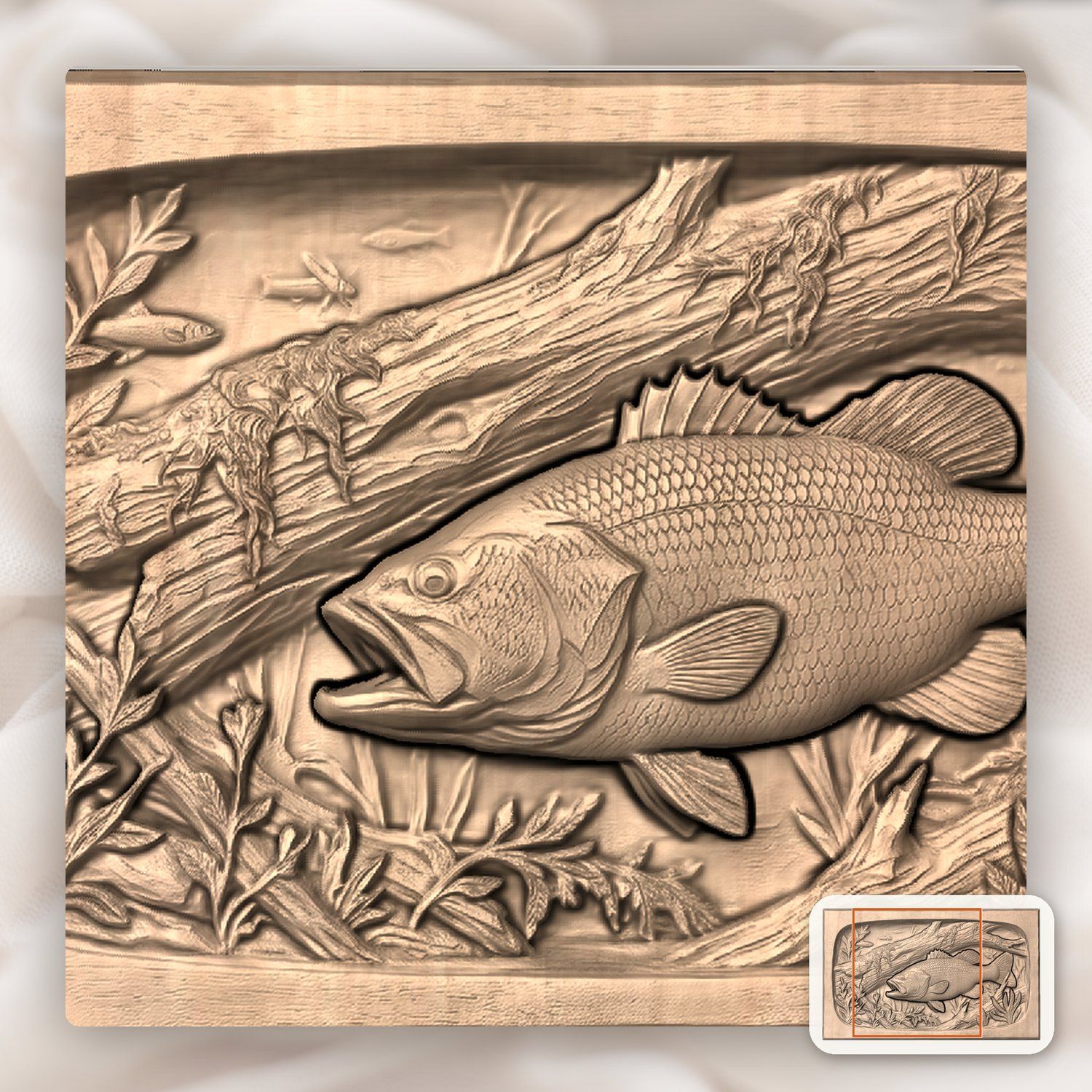 Largemouth Bass Fishing Scene CNC Relief STL bas-relief STL — view 7