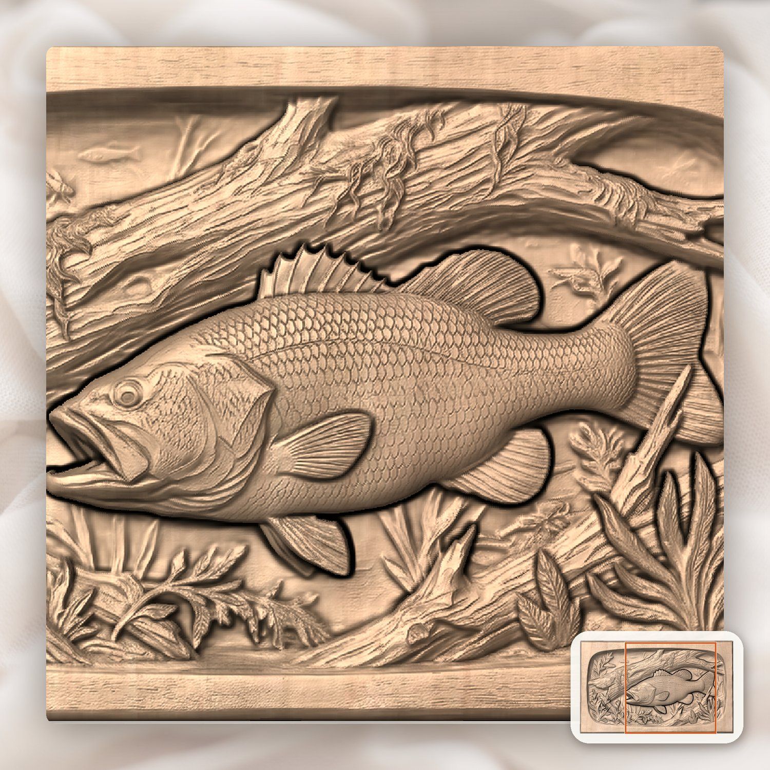 Largemouth Bass Fishing Scene CNC Relief STL bas-relief STL — view 8
