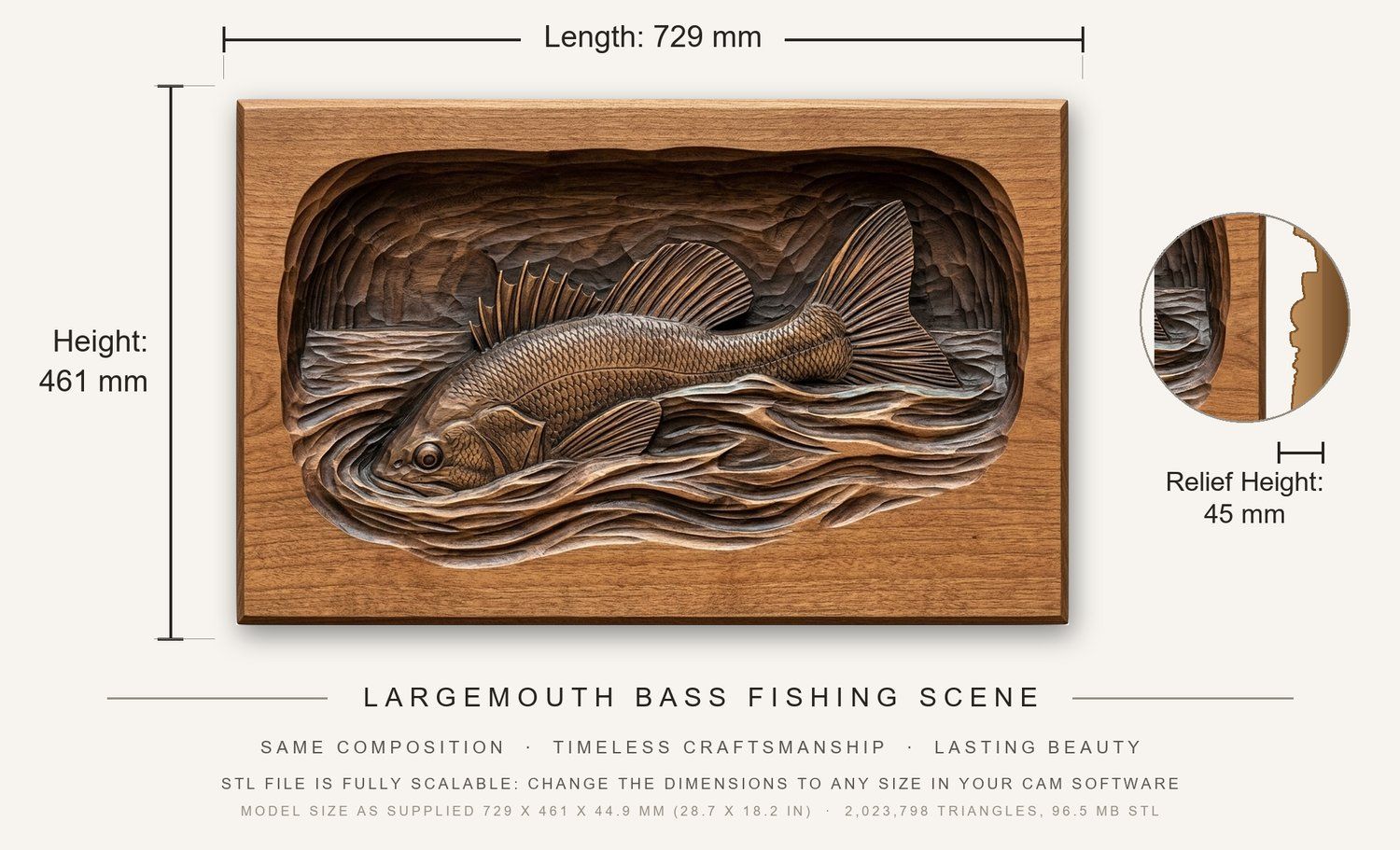 Largemouth Bass Fishing Scene CNC Relief STL bas-relief STL — view 3