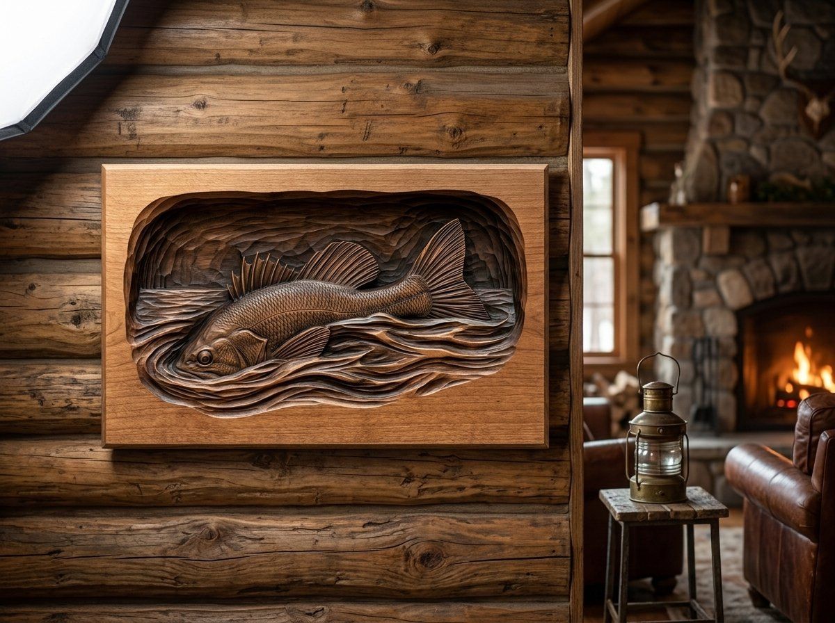 Largemouth Bass Fishing Scene CNC Relief STL bas-relief STL — view 12