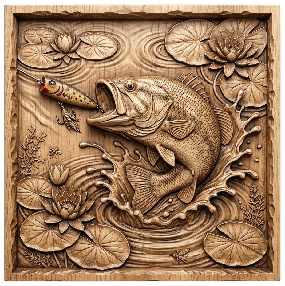 Largemouth Bass Fishing Strike CNC Relief STL bas-relief STL — view 11