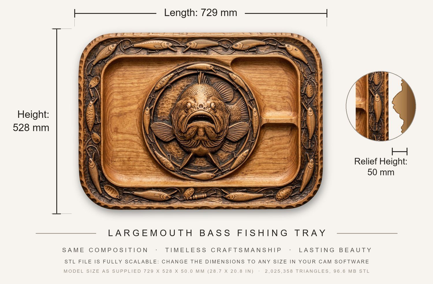 Largemouth Bass Fishing Tray CNC Relief STL bas-relief STL — view 3