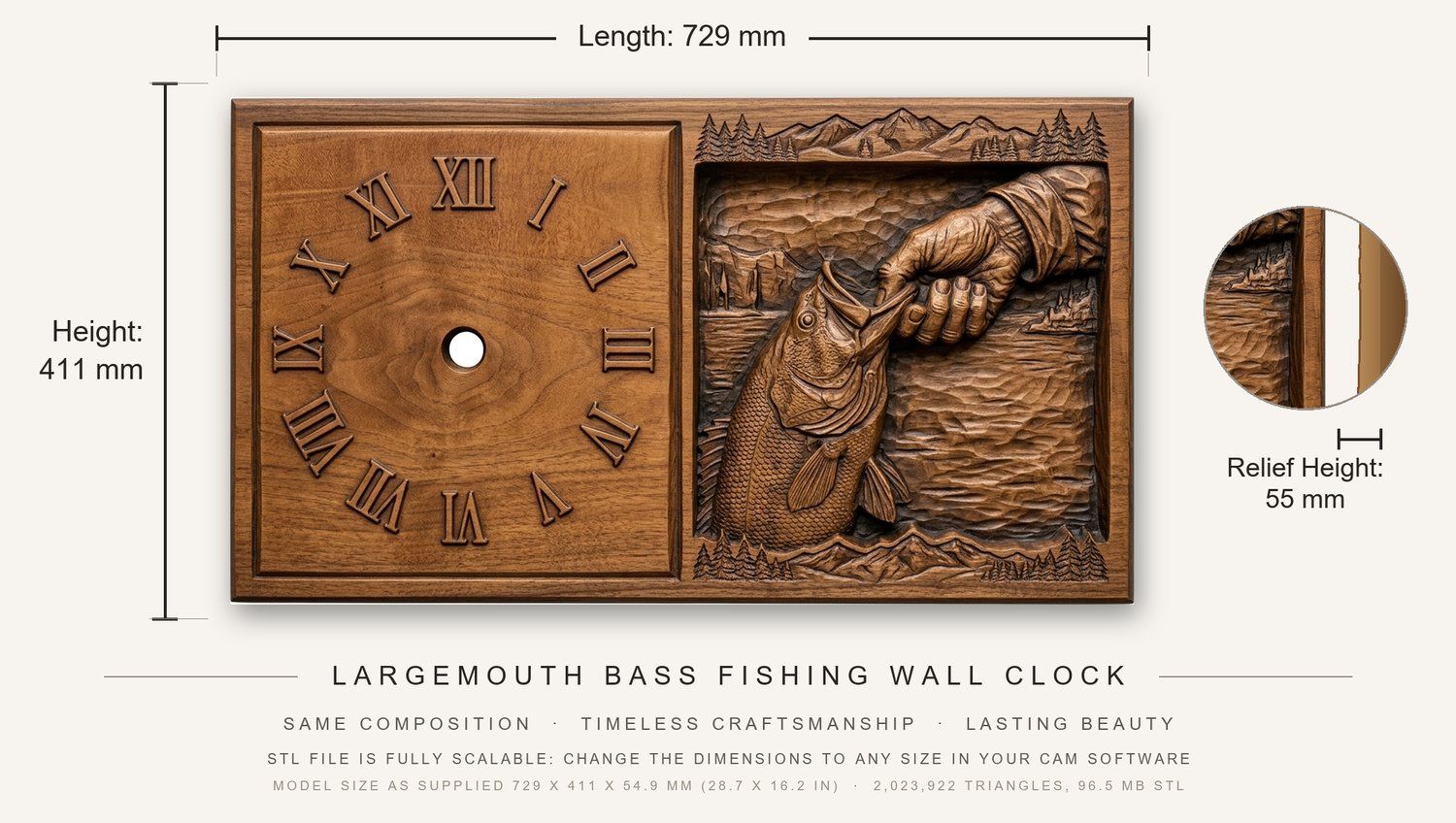 Largemouth Bass Fishing Wall Clock CNC Relief STL bas-relief STL — view 3