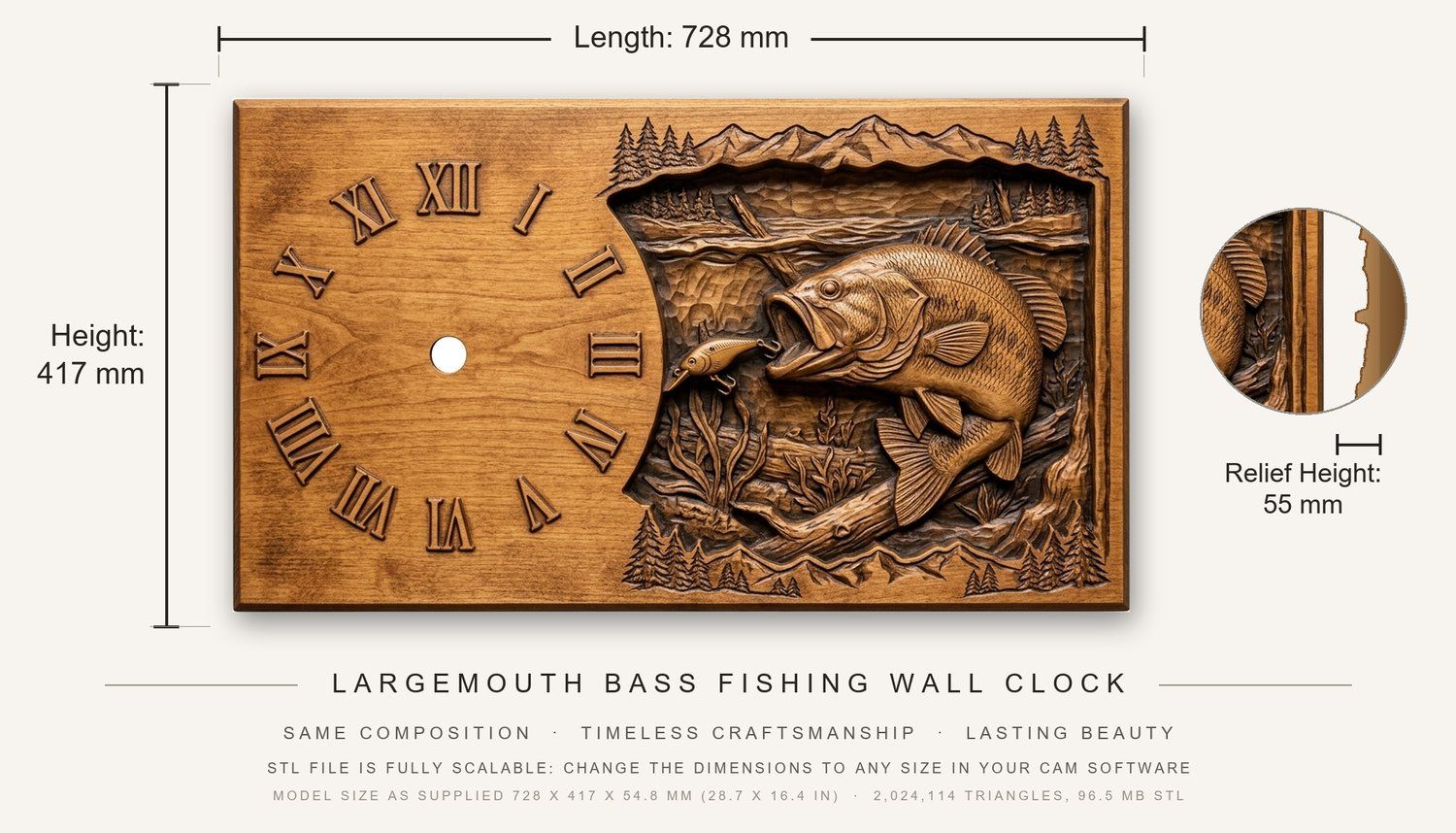 Largemouth Bass Fishing Wall Clock CNC Relief STL bas-relief STL — view 3
