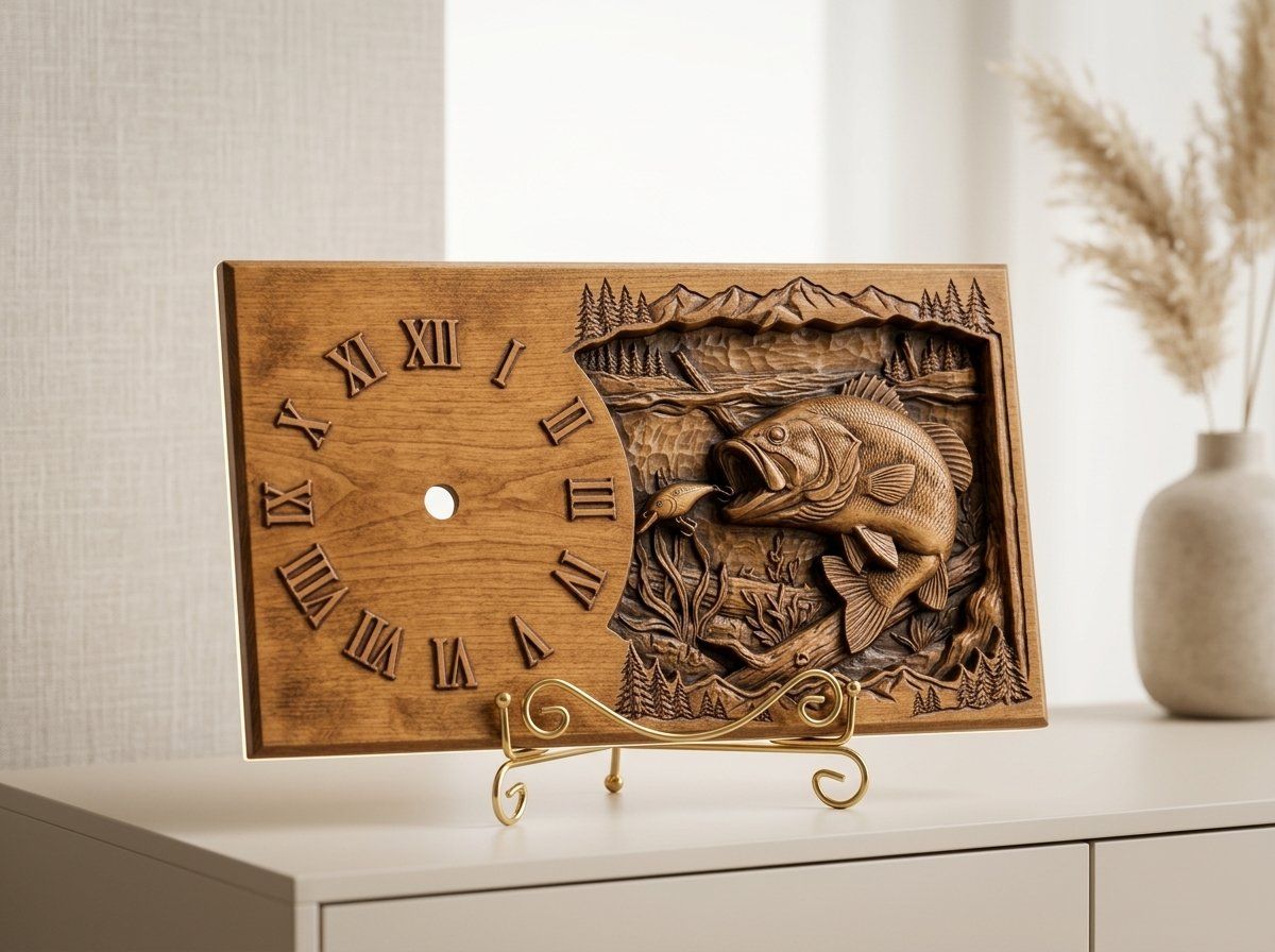 Largemouth Bass Fishing Wall Clock CNC Relief STL bas-relief STL — view 13