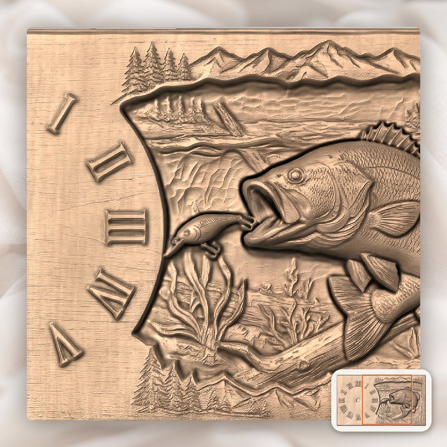 Largemouth Bass Fishing Wall Clock CNC Relief STL bas-relief STL — view 6