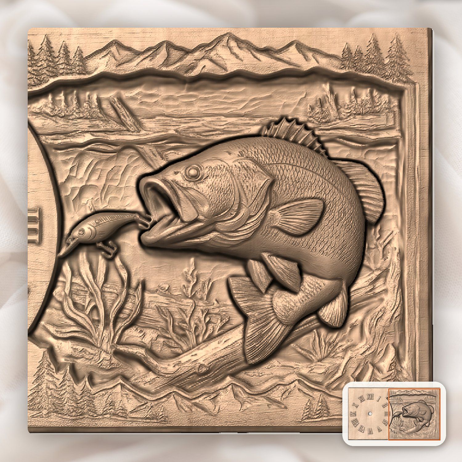 Largemouth Bass Fishing Wall Clock CNC Relief STL bas-relief STL — view 7
