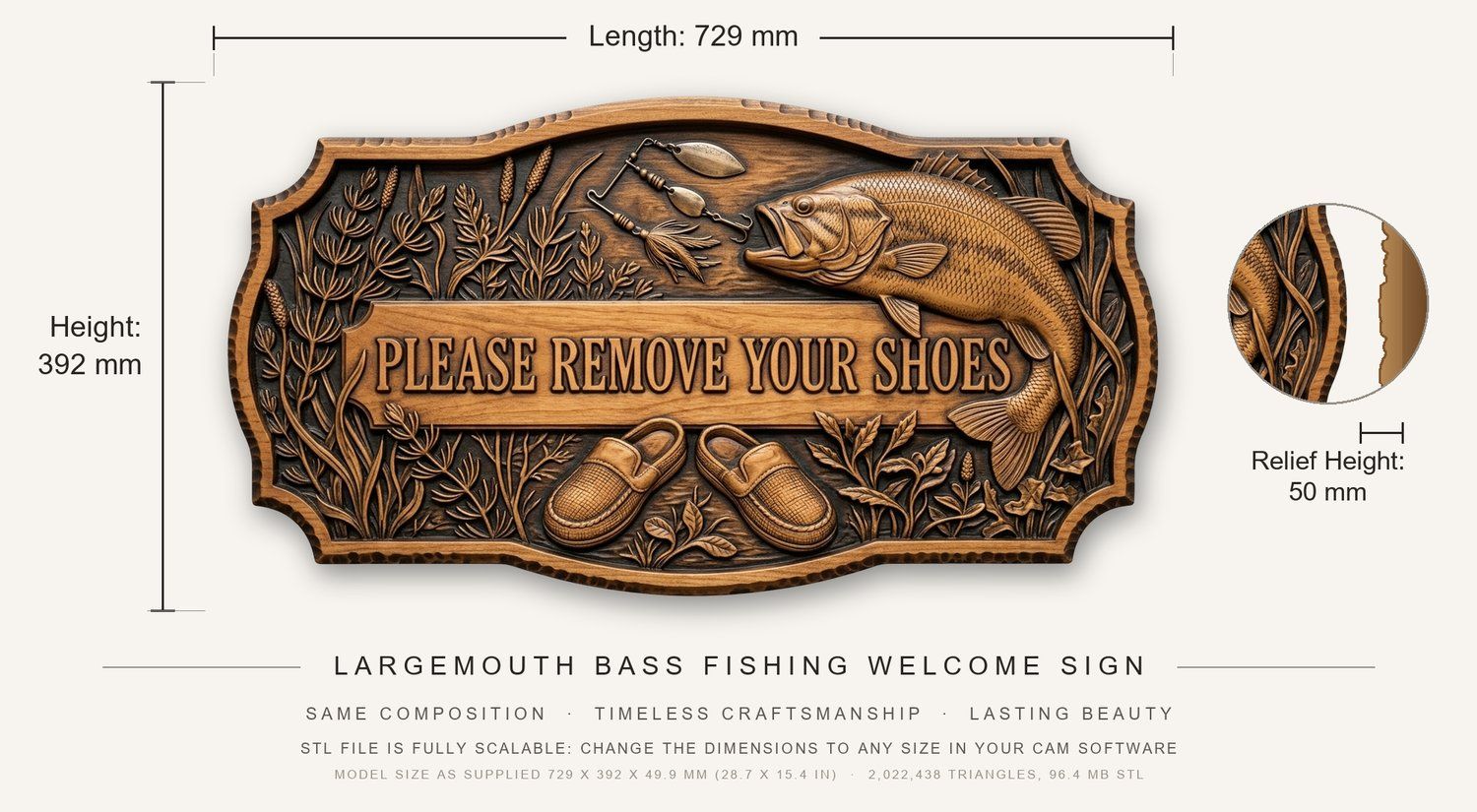 Largemouth Bass Fishing Welcome Sign CNC Relief STL bas-relief STL — view 3