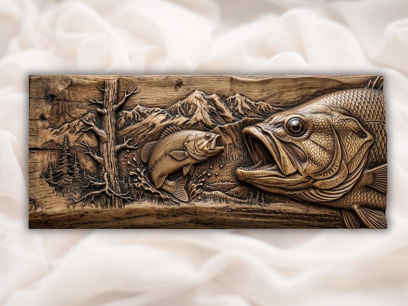 Carved wood relief of a large open-mouthed bass, a leaping fish, mountains, dead tree, and pines.