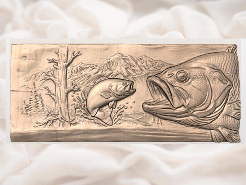 Largemouth Bass and Leaping Fish Mountain Lake Relief STL bas-relief STL — view 2