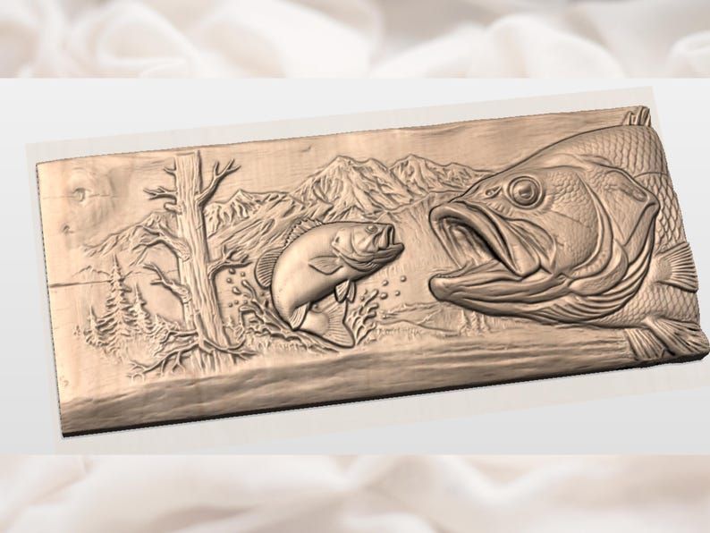 Largemouth Bass and Leaping Fish Mountain Lake Relief STL bas-relief STL — view 3