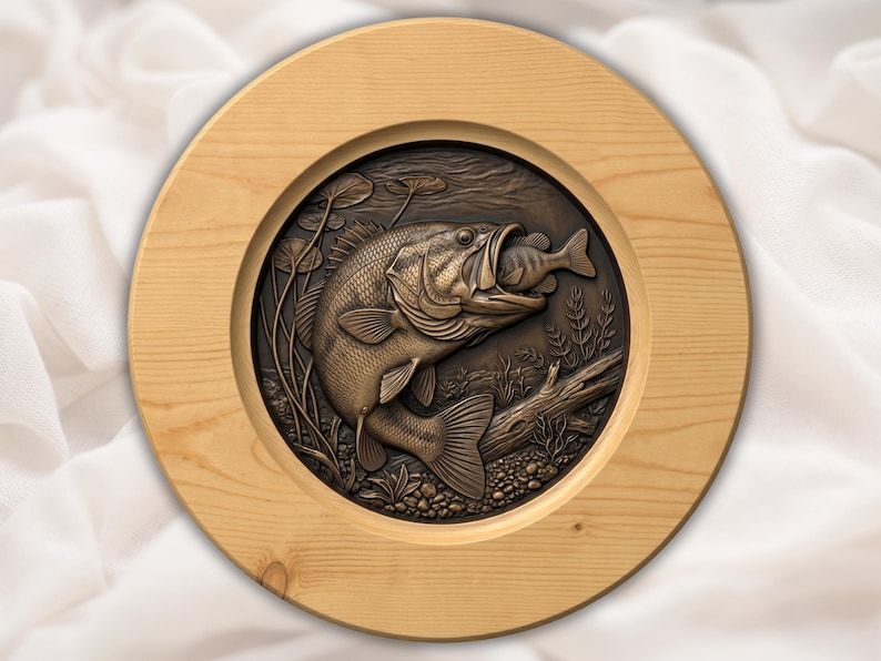 Bas-relief carving of a largemouth bass striking underwater among weeds, stones, and a sunken branch, in a round wood plaque.
