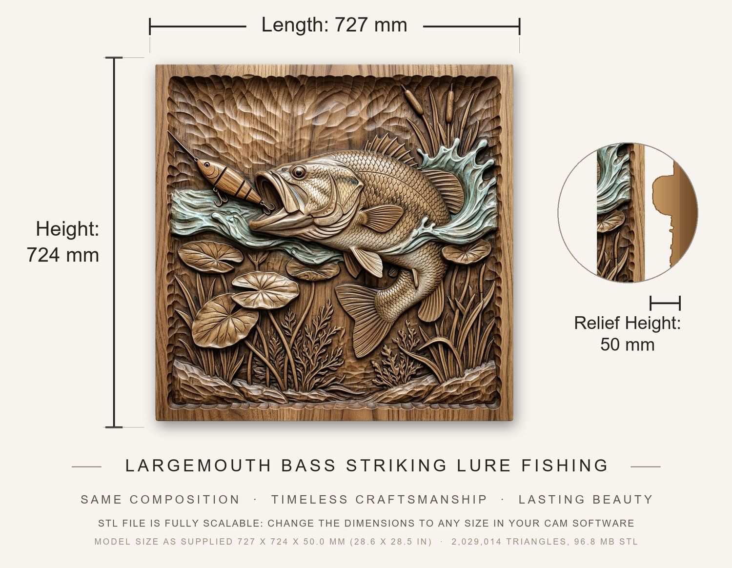 Largemouth Bass Striking Lure Fishing CNC Relief STL bas-relief STL — view 3