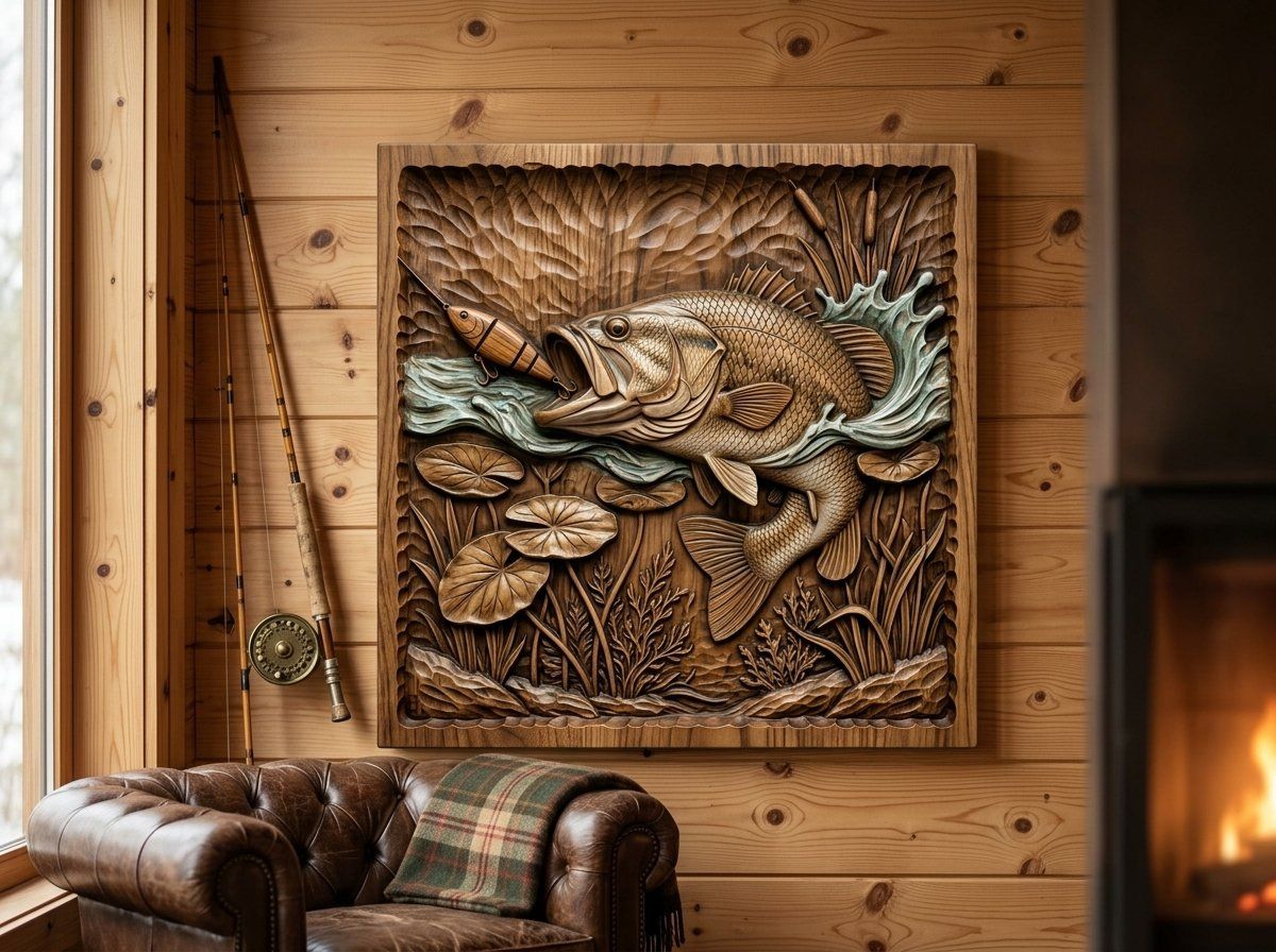 Largemouth Bass Striking Lure Fishing CNC Relief STL bas-relief STL — view 13