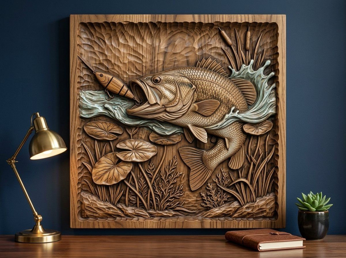 Largemouth Bass Striking Lure Fishing CNC Relief STL bas-relief STL — view 14