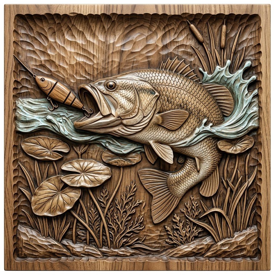 Largemouth Bass Striking Lure Fishing CNC Relief STL bas-relief STL — view 4
