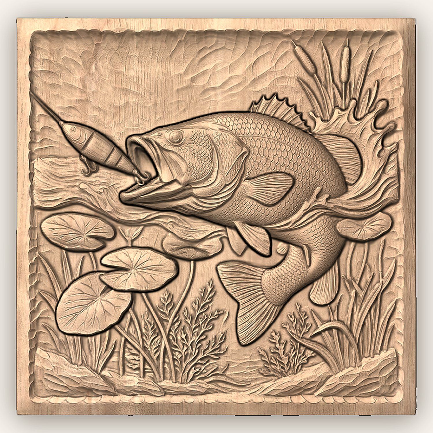 Largemouth Bass Striking Lure Fishing CNC Relief STL bas-relief STL — view 5
