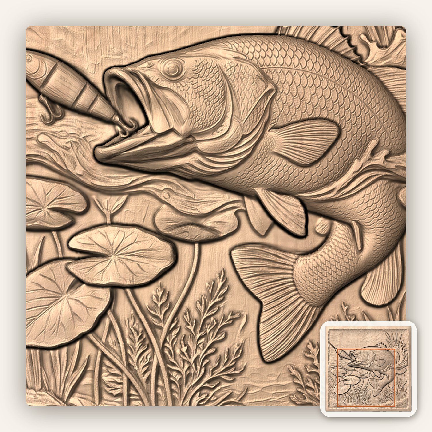 Largemouth Bass Striking Lure Fishing CNC Relief STL bas-relief STL — view 7
