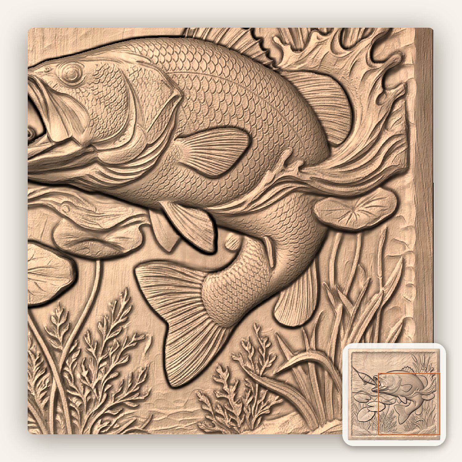 Largemouth Bass Striking Lure Fishing CNC Relief STL bas-relief STL — view 8