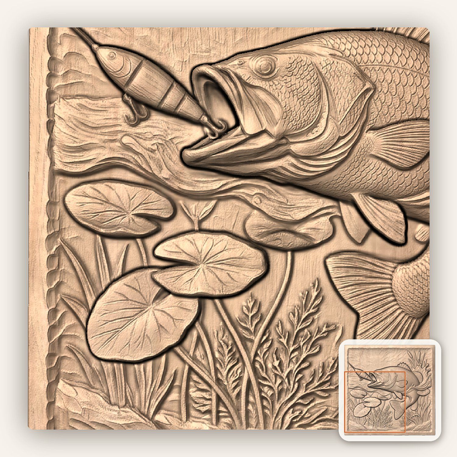 Largemouth Bass Striking Lure Fishing CNC Relief STL bas-relief STL — view 9