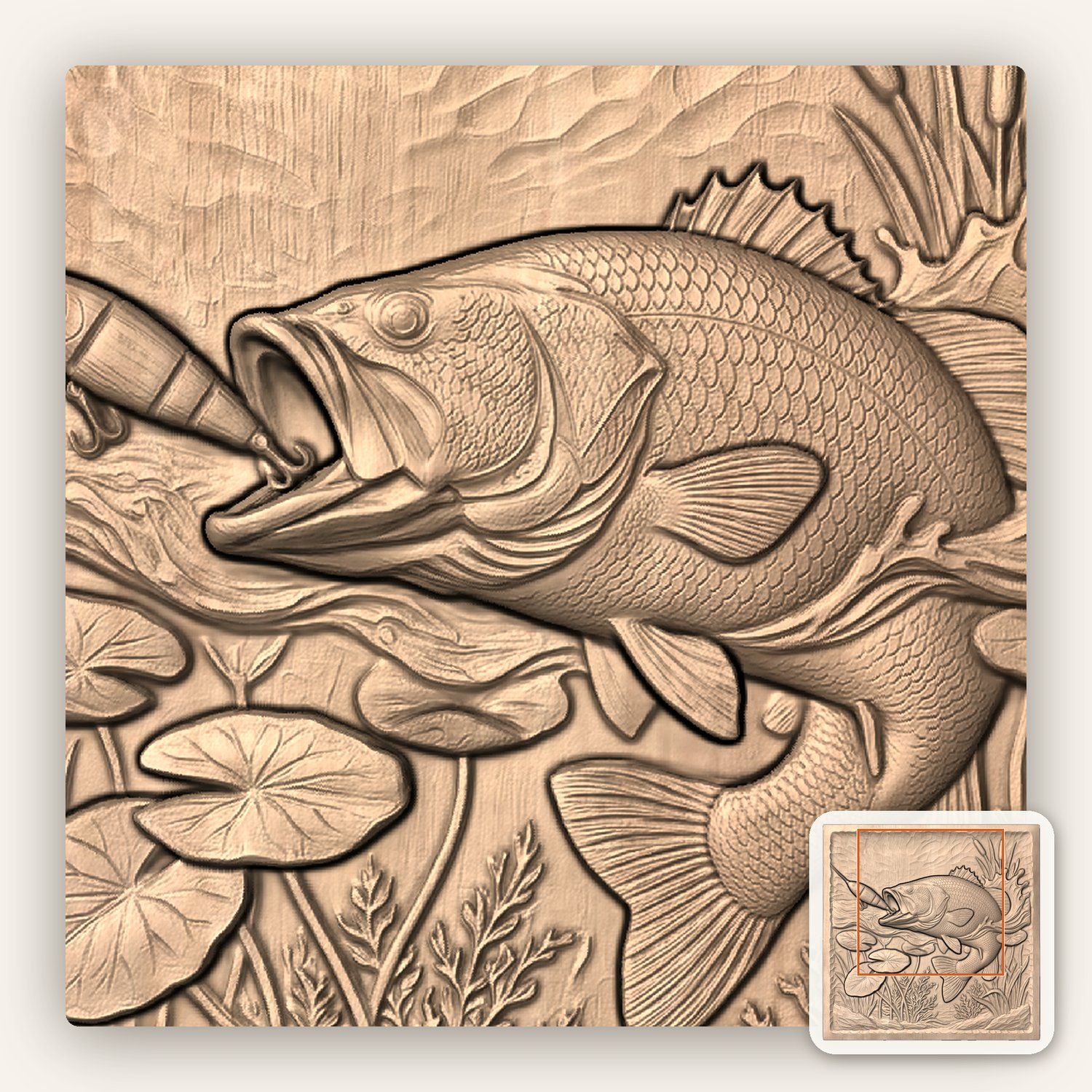 Largemouth Bass Striking Lure Fishing CNC Relief STL bas-relief STL — view 10