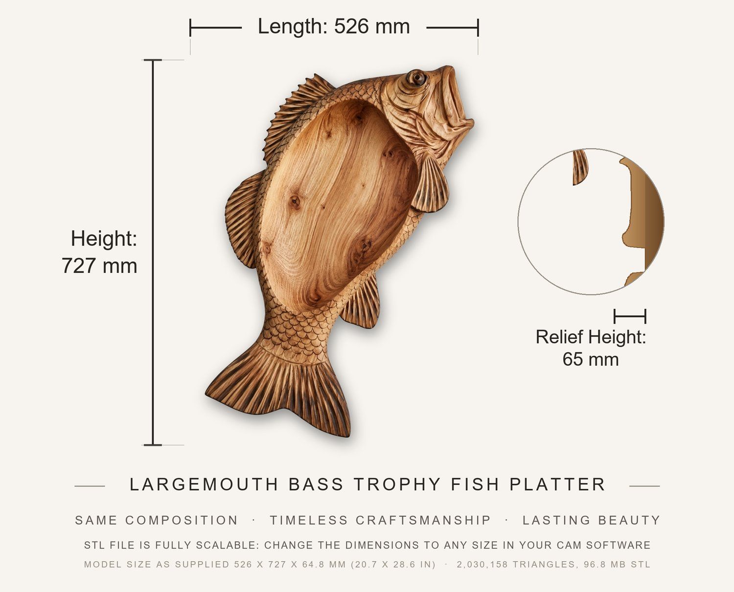 Largemouth Bass Trophy Fish Platter CNC Relief STL bas-relief STL — view 3