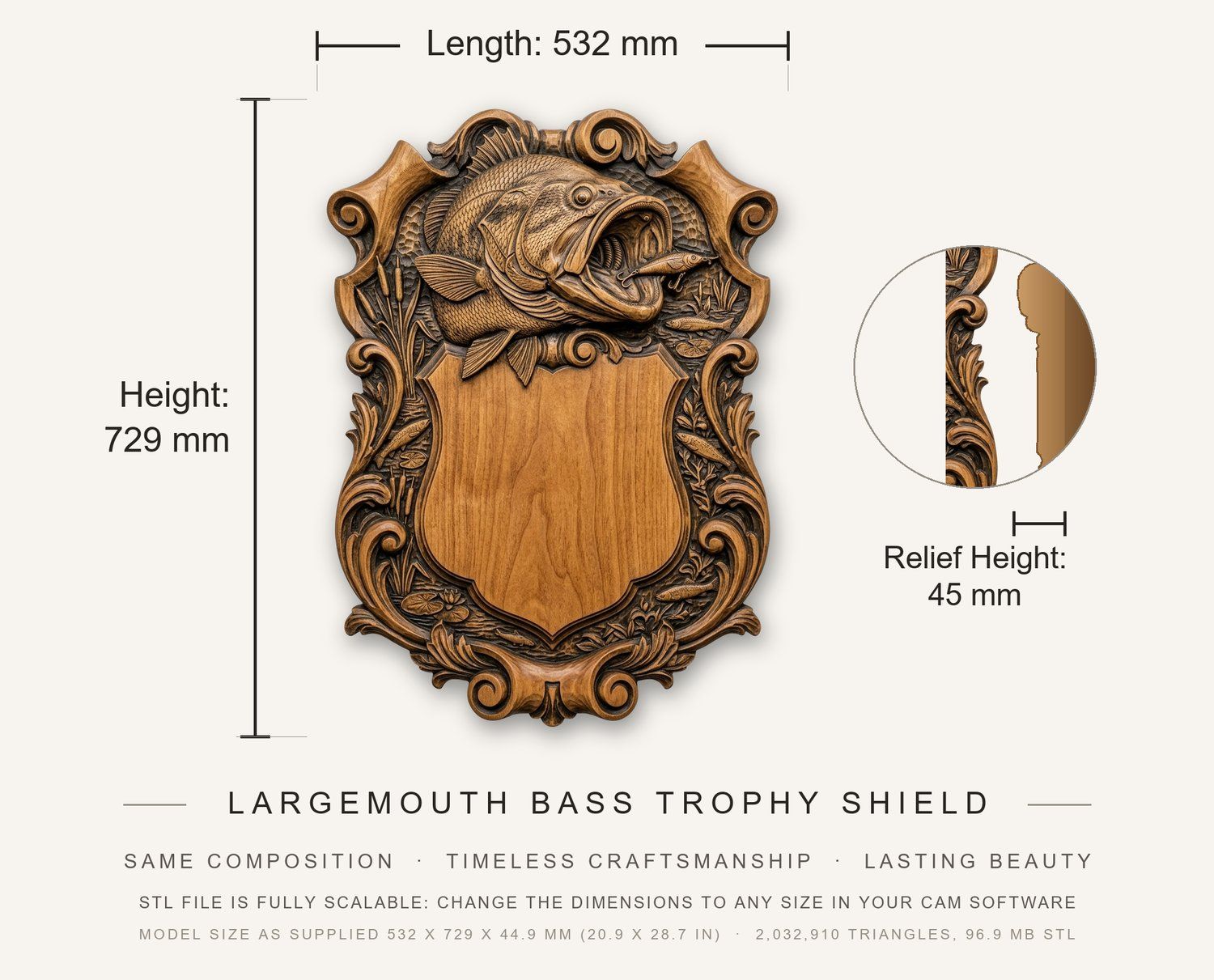 Largemouth Bass Trophy Shield CNC Relief STL bas-relief STL — view 3