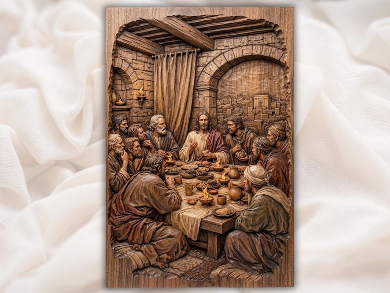 Carved wood bas-relief of the Last Supper, Jesus and twelve disciples at a table with bread and dishes.