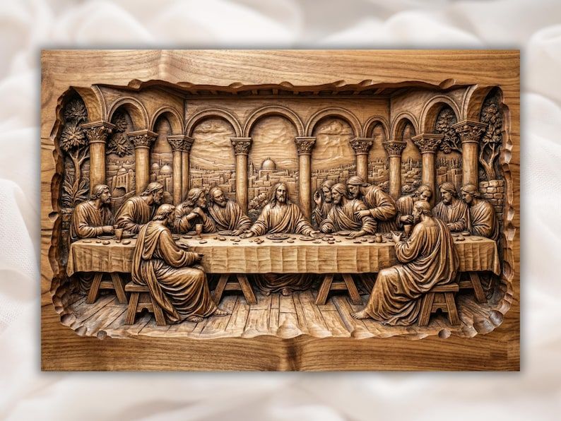 Carved wood bas-relief of the Last Supper, Jesus and twelve apostles at a long table under arches