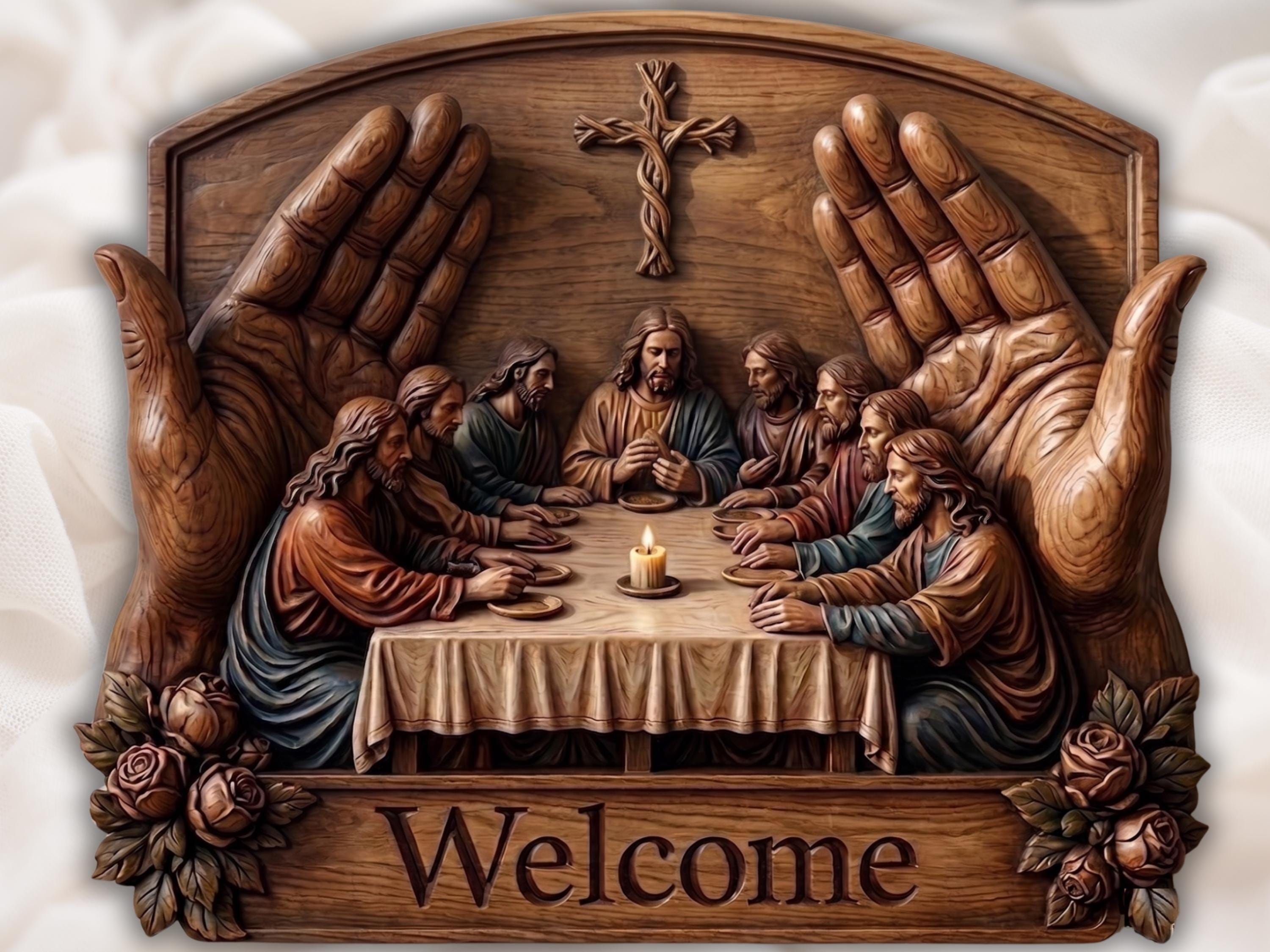 Carved relief of the Last Supper with Jesus breaking bread, disciples, a candle, a woven cross, and Welcome text