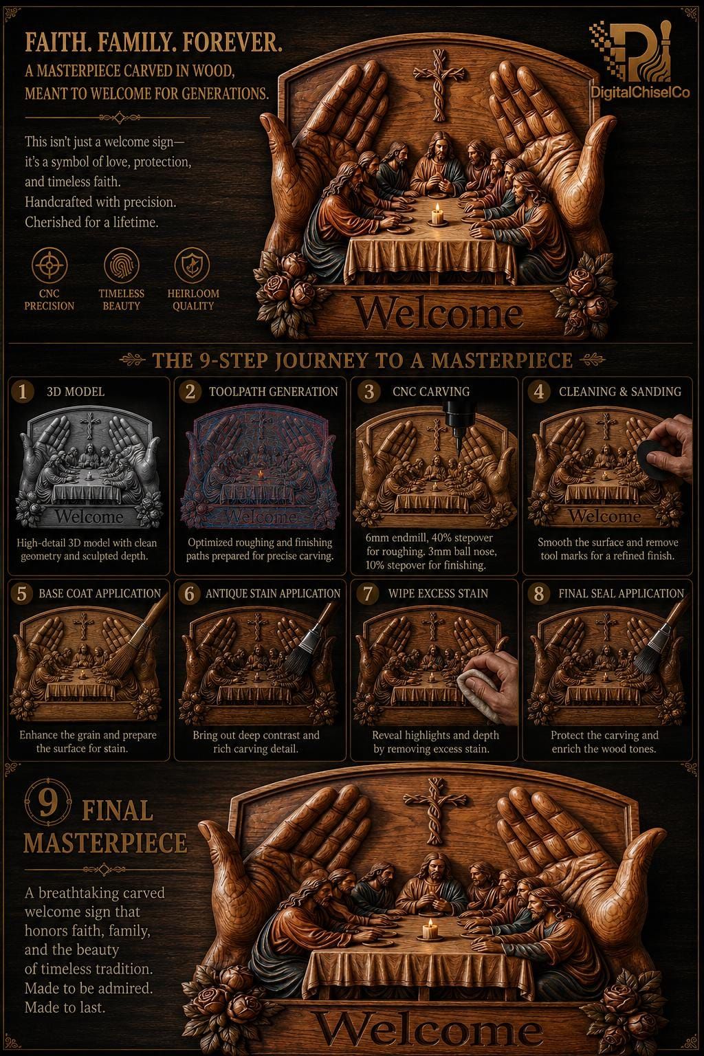 Last Supper Welcome Sign STL with Woven Cross and Candle bas-relief STL — view 10