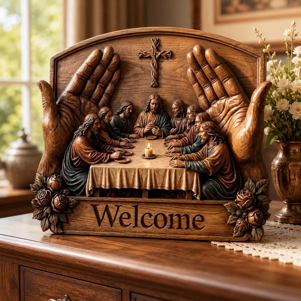 Last Supper Welcome Sign STL with Woven Cross and Candle bas-relief STL — view 2