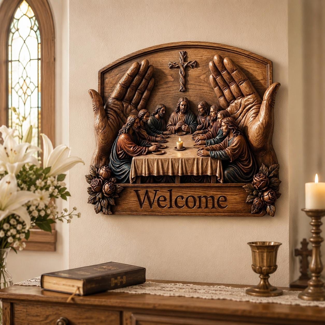 Last Supper Welcome Sign STL with Woven Cross and Candle bas-relief STL — view 3