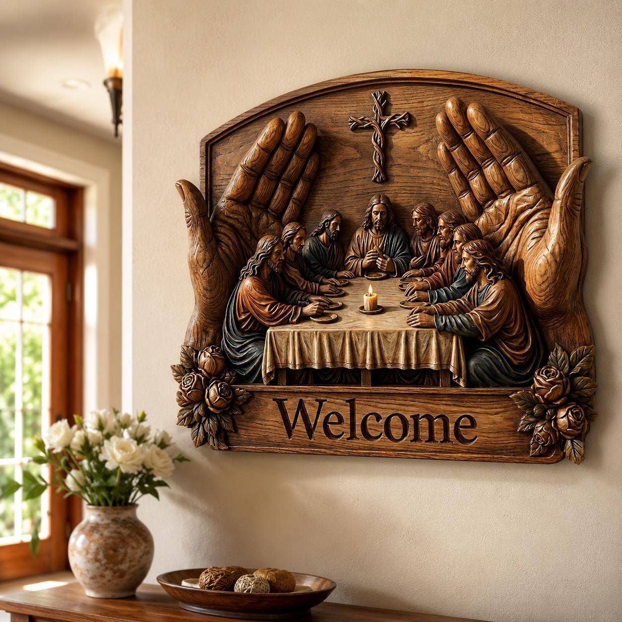 Last Supper Welcome Sign STL with Woven Cross and Candle bas-relief STL — view 4