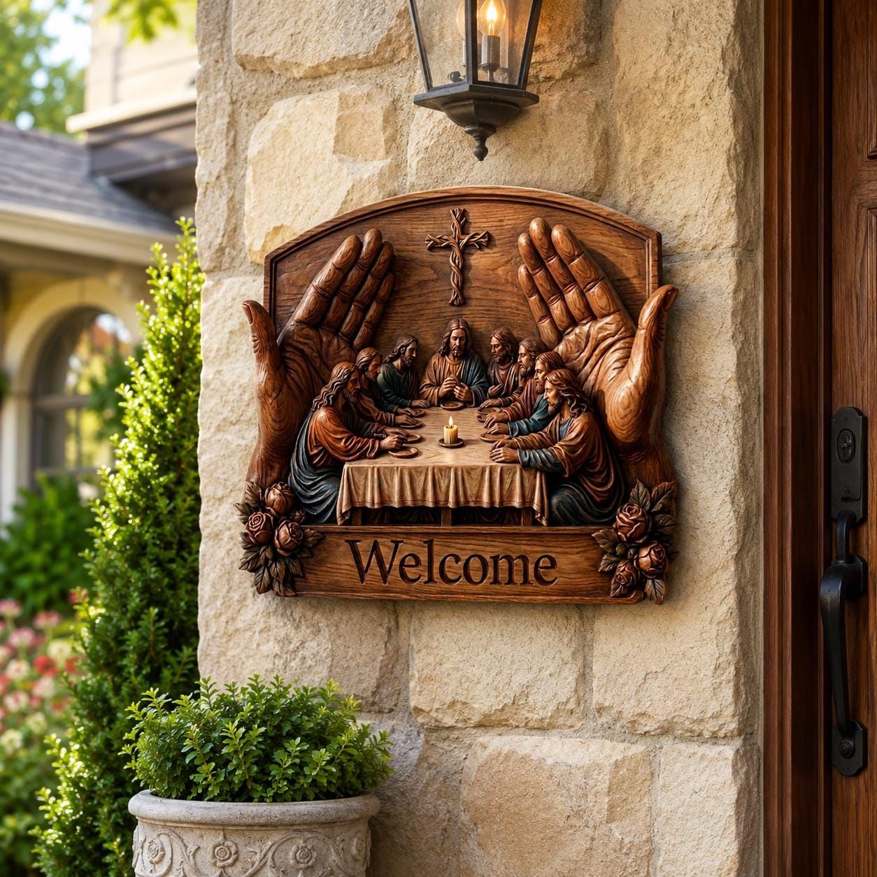 Last Supper Welcome Sign STL with Woven Cross and Candle bas-relief STL — view 5