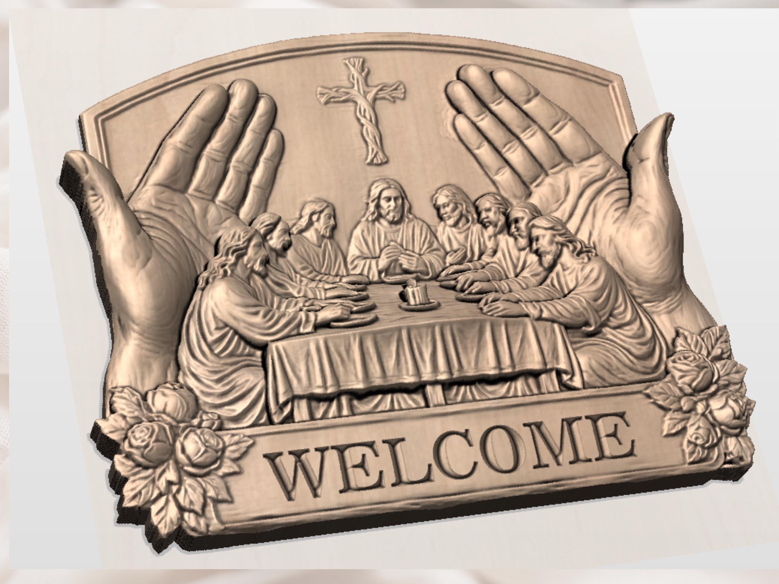 Last Supper Welcome Sign STL with Woven Cross and Candle bas-relief STL — view 6