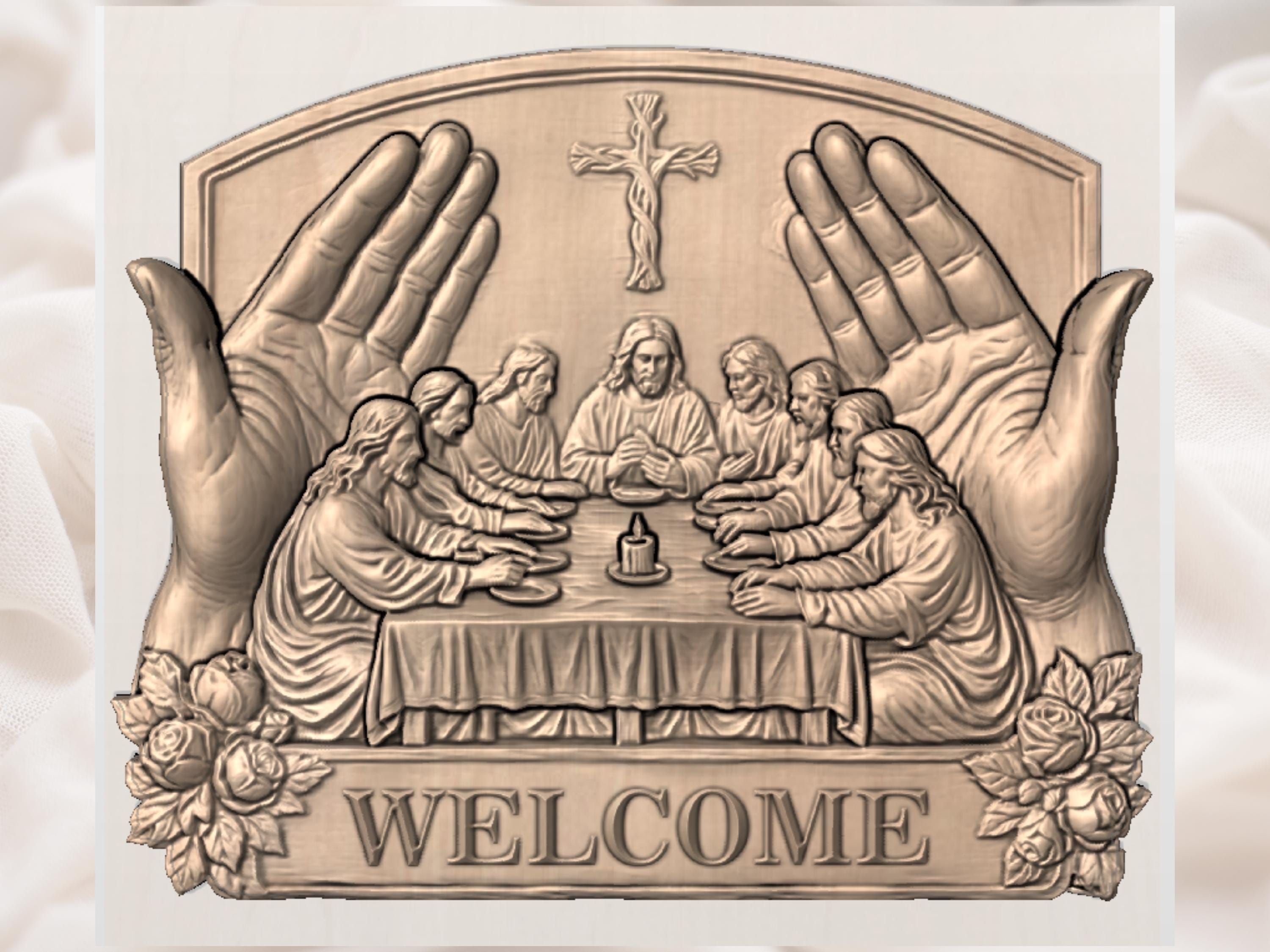 Last Supper Welcome Sign STL with Woven Cross and Candle bas-relief STL — view 7