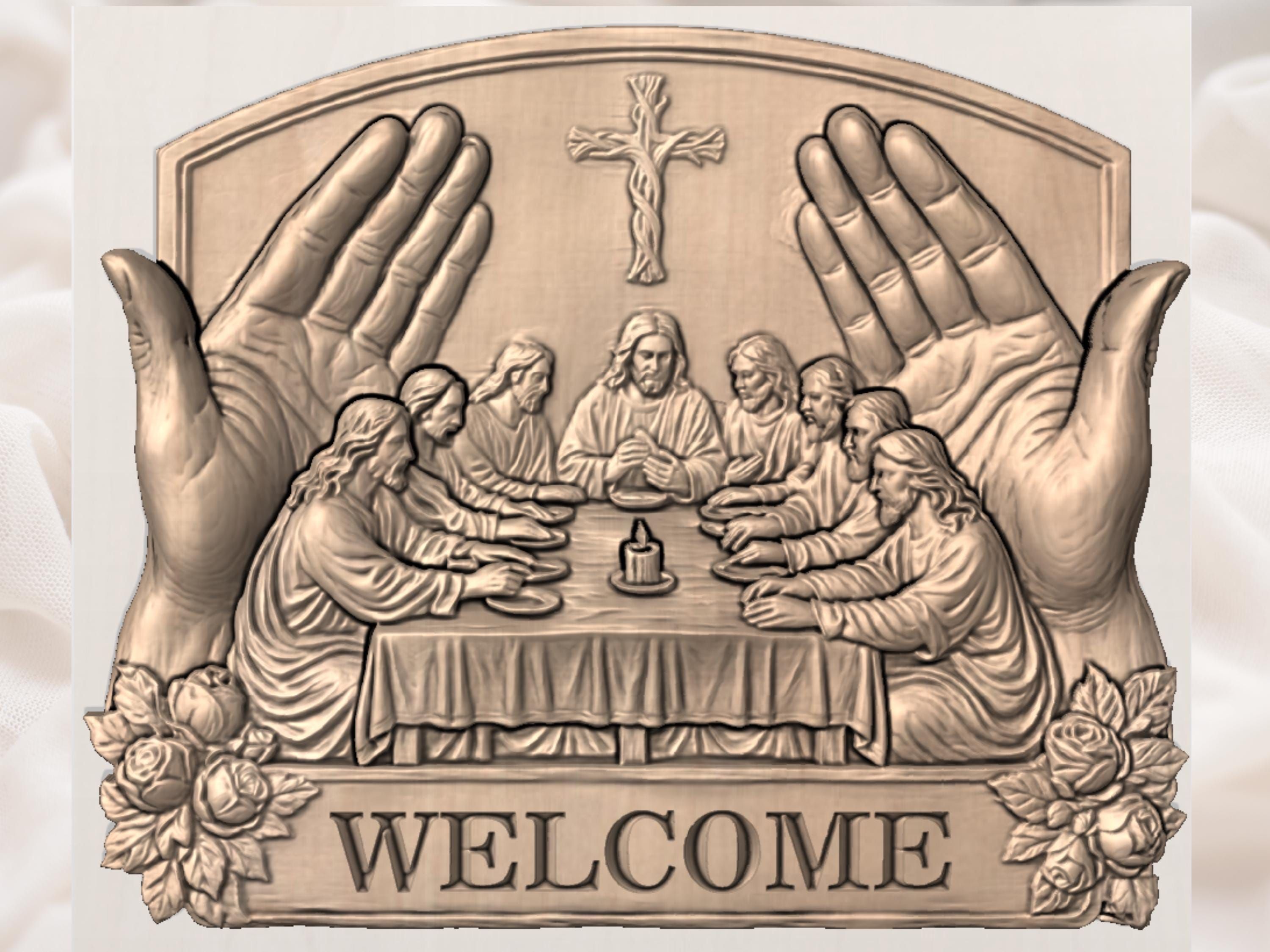 Last Supper Welcome Sign STL with Woven Cross and Candle bas-relief STL — view 8
