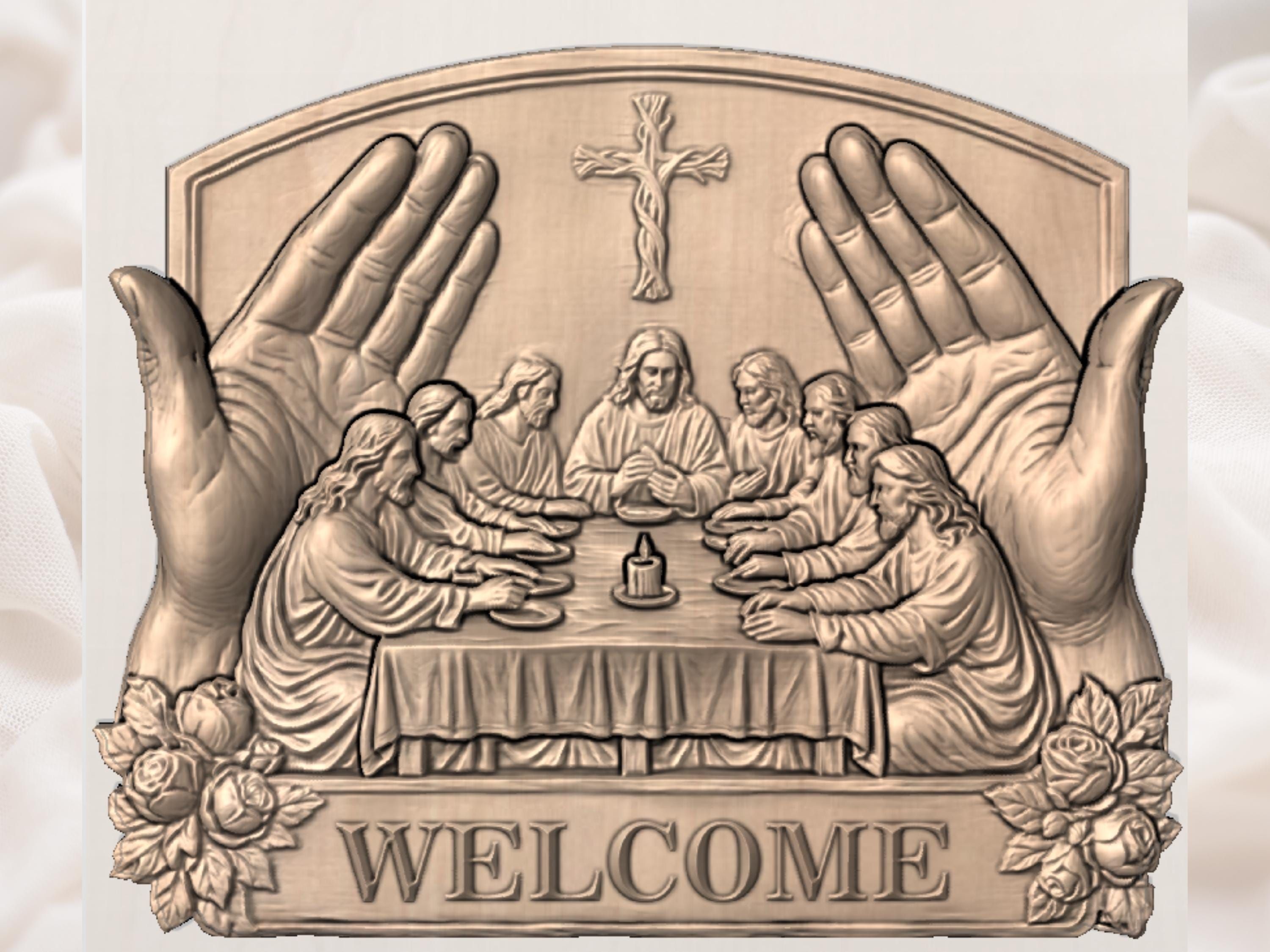 Last Supper Welcome Sign STL with Woven Cross and Candle bas-relief STL — view 9