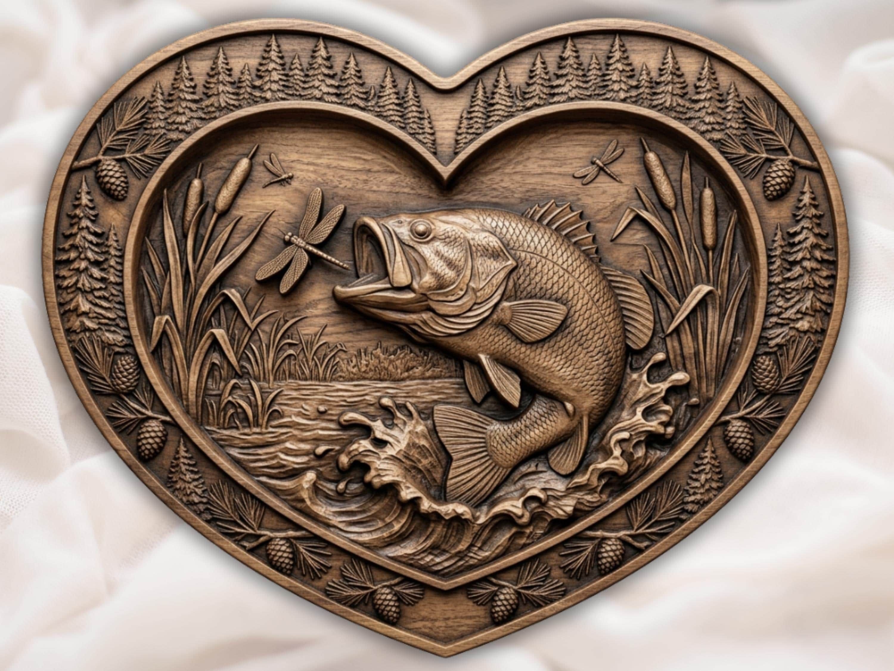 Leaping Bass CNC STL File - Largemouth Bass & Dragonfly 3D Relief for Wood Carving, Vectric Aspire, ArtCAM, Deep Scoop Fishing Panel bas-relief STL file for CNC router, laser engraver & 3D printing