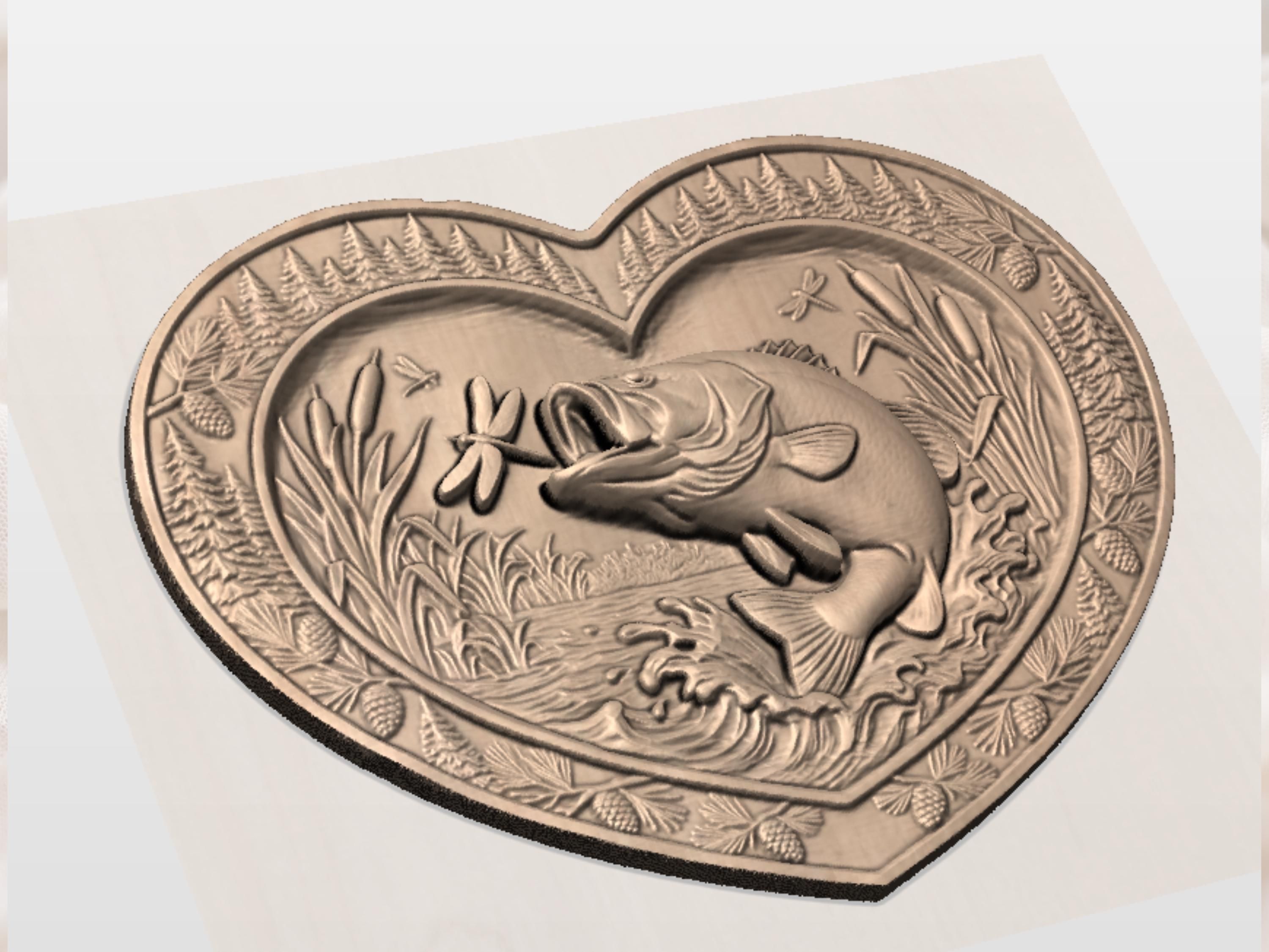 Leaping Bass CNC STL File - Largemouth Bass & Dragonfly 3D Relief for Wood Carving, Vectric Aspire, ArtCAM, Deep Scoop Fishing Panel bas-relief STL — view 2