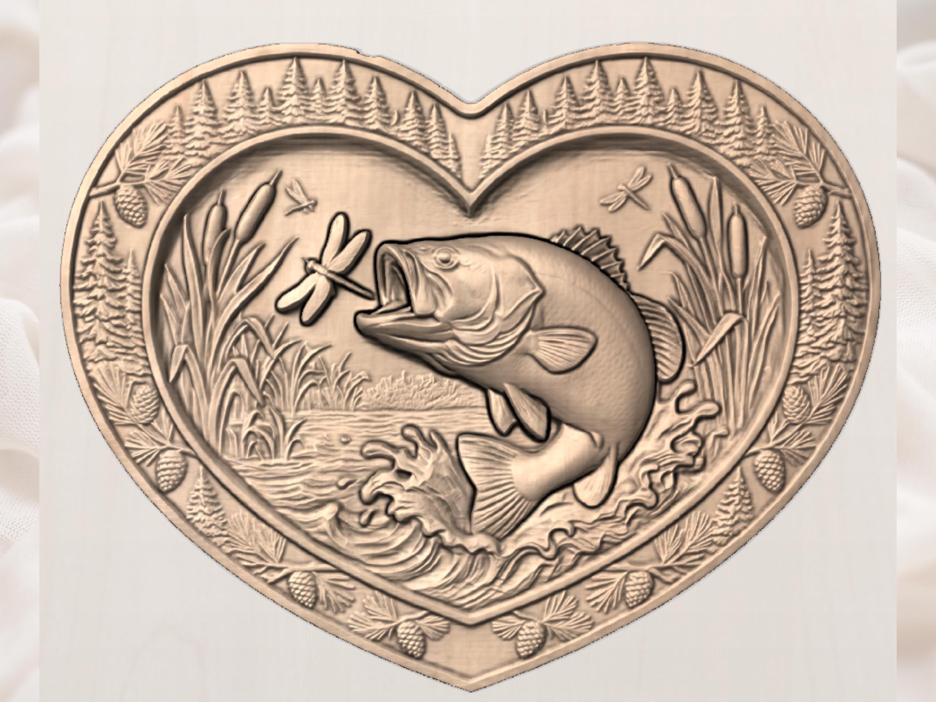 Leaping Bass CNC STL File - Largemouth Bass & Dragonfly 3D Relief for Wood Carving, Vectric Aspire, ArtCAM, Deep Scoop Fishing Panel bas-relief STL — view 3