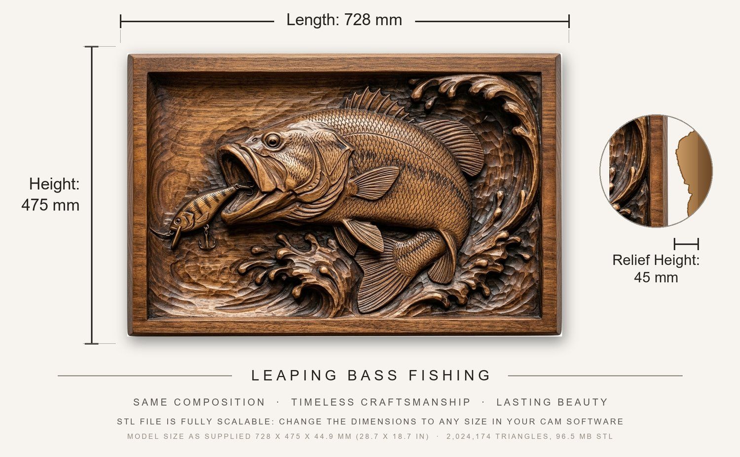 Leaping Bass Fishing CNC Relief STL bas-relief STL — view 3